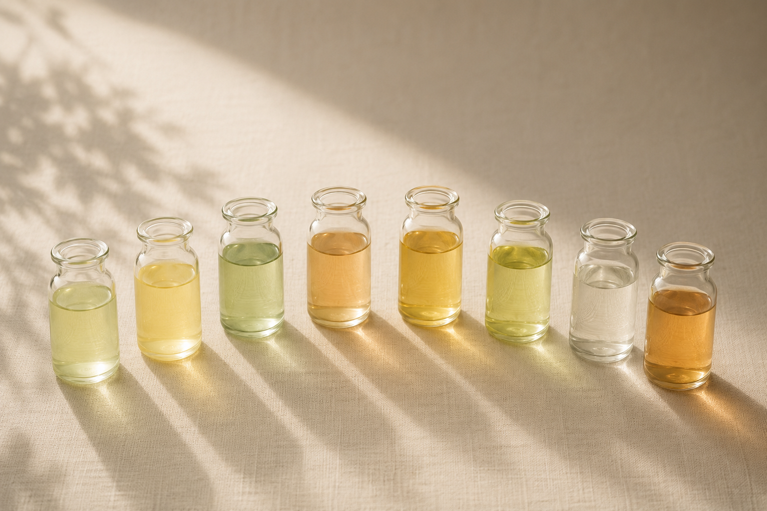 Eight glass bottles each filled with a different clear-liquid flavor — the eight courses of Cours 8.